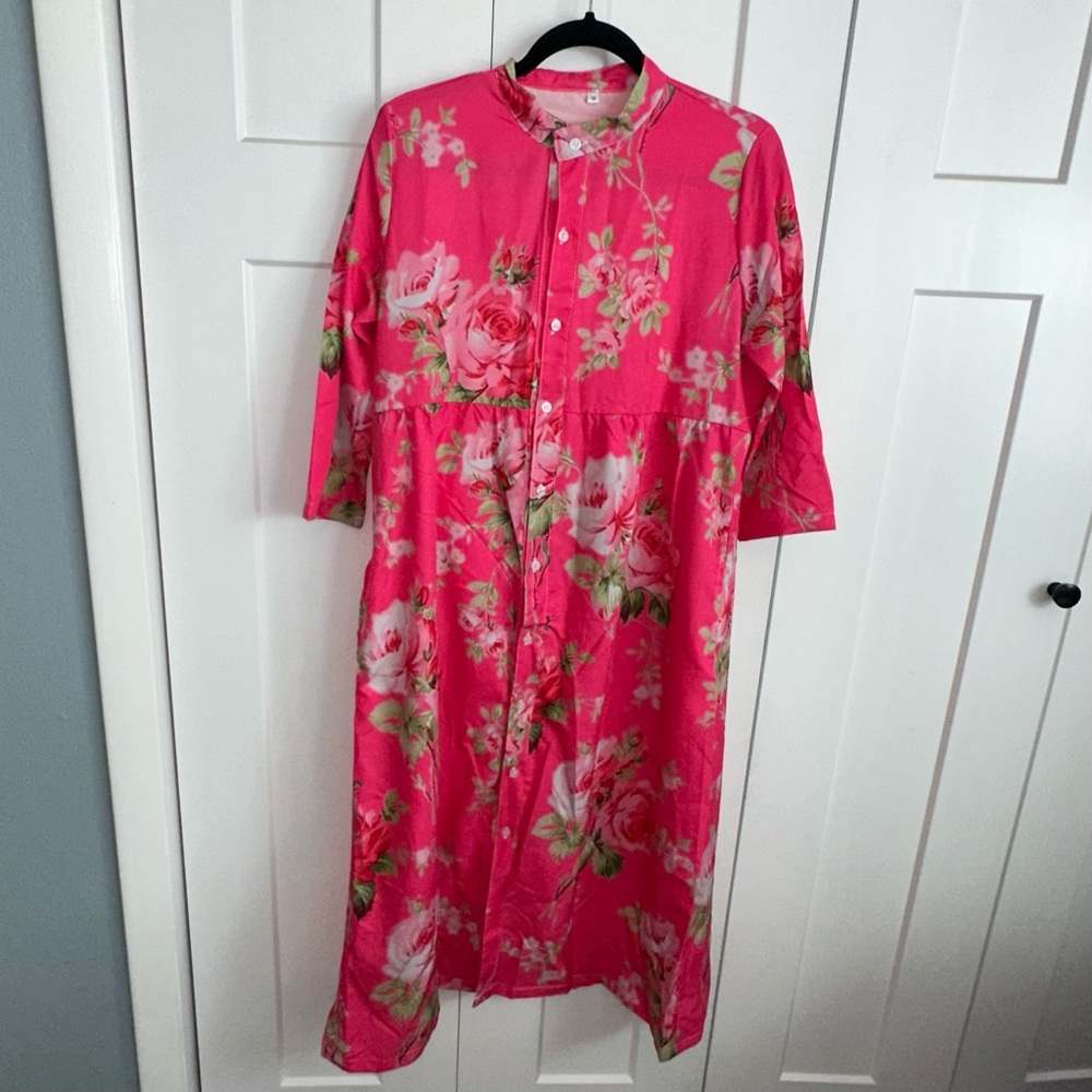 Floral Pink Button-Up w/ 3/4 Sleeves Midi Shirt Dress - Large nwot